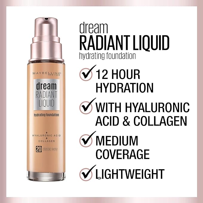 Maybelline Dream Radiant Liquid Medium Coverage Hydrating Makeup, Lightweight Liquid Foundation, Fair Porcelain, 1 Count