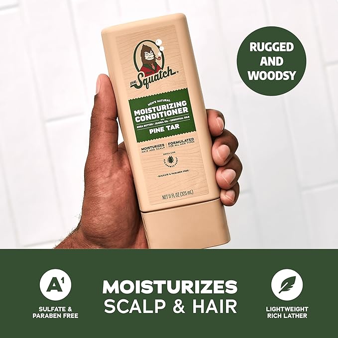 Dr. Squatch Natural Hair Bundle for Men - Healthy, Full Looking Hair - Pine Tar Shampoo (11 fl oz), Pine Tar Conditioner (11 fl oz)