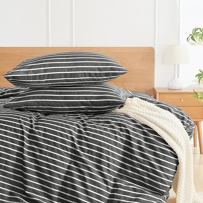 JELLYMONI 100% Natural Cotton Striped King Pillowcases Set, 2 Pack White and Black Stripes Pattern Printed Pillow Covers with Envelope Closure(Pillows are not Included)