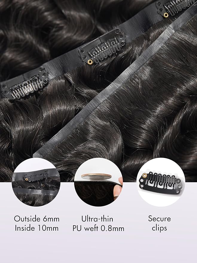 LUVME Hair Extensions Natural Black 30 Inch 135g 7pcs Real Human Hair Loose Deep Wavy Remy Clip in Human Hair Extensions Thick Hair