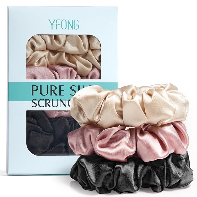 YFONG 3 PCS 100% Mulberry Silk Scrunchies for Women Girls, 22 Momme Soft Hair Ties for Frizz & Breakage Prevention, Elastic Ponytail Holders Gentle And No hurt, (Pink+Black+Champagne)