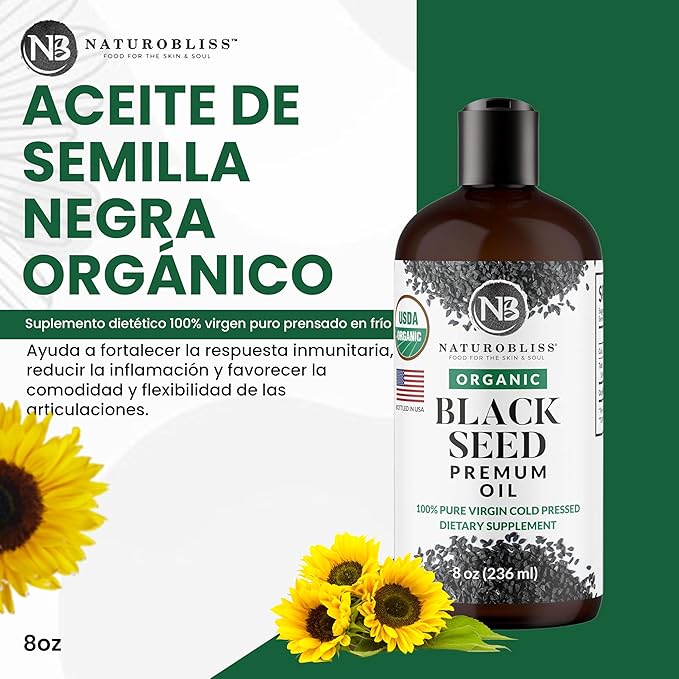 NaturoBliss Organic Black Seed Oil 100 Virgin Cold Pressed Omega 3 6 9 Super Antioxidant for Immune Support, Joints, Mobility, Digestion, Hair Skin Vegan, Gluten-Free, Non-GMO USDA Certified 8oz