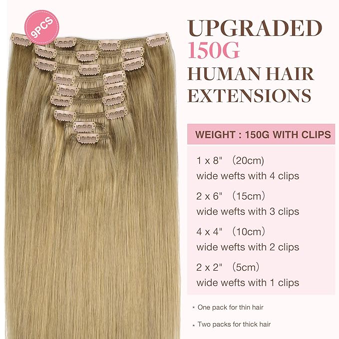 GOO GOO Clip in Hair Extensions Real Human Hair, Remy Human Hair Extensions Clip ins for Women, Natural Human Hair, 16inch 150g 9Pcs, 7 Bronde