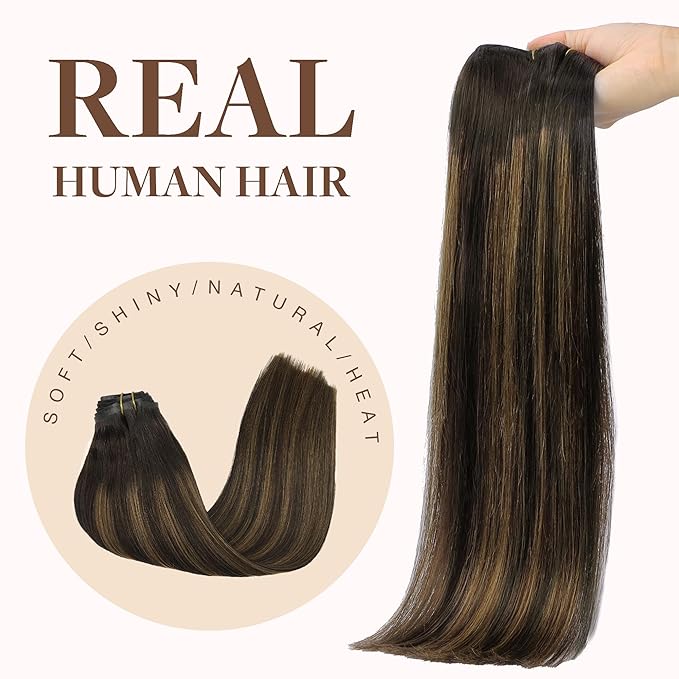 GOO GOO Clip in Hair Extensions Real Human Hair, Remy Human Hair Extensions Clip ins for Women, Natural Human Hair, 18inch 130g 7Pcs, 2/6/2 Balayage Dark Brown to Chestnut Brown