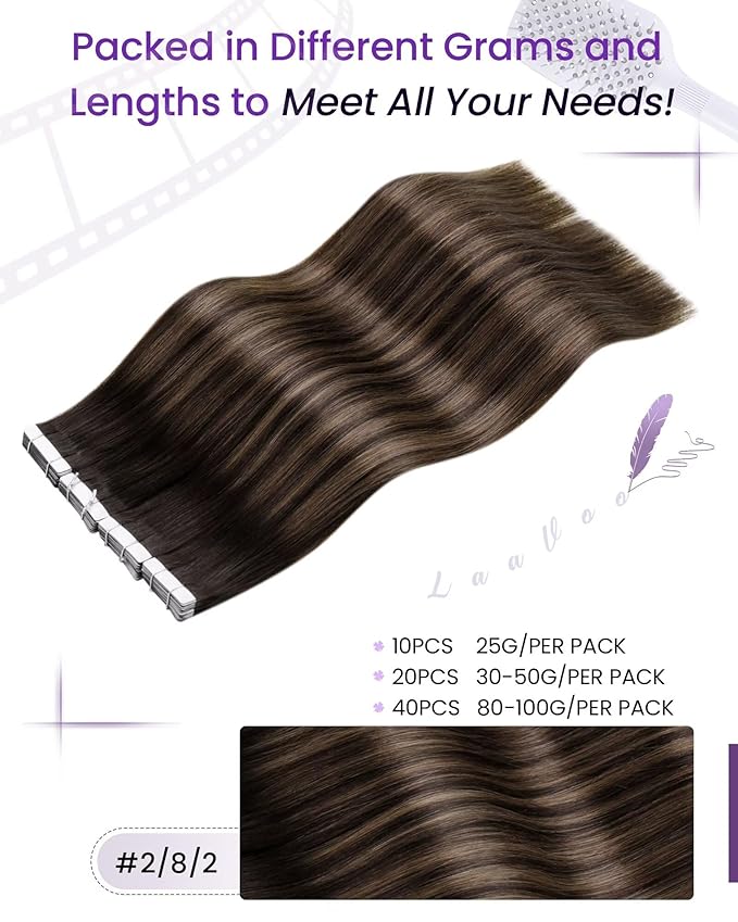 LaaVoo Ombre Hair Extensions Tape in Brown Human Hair Extension Tapes in Darkest Brown Mix Light Brown Tape on Extensions Human Hair Silky Straight 22 Inch 20pcs 50g