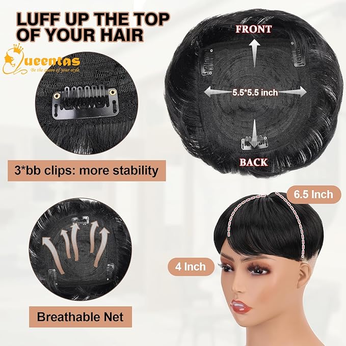 QUEENTAS Black Short Hair Toppers for Women with Thinning Hair 360°3D Cover with 3 Clips Hair Pieces Wispy Bangs 5.5"*5.5" Large Coverage(Natural Black/1B)