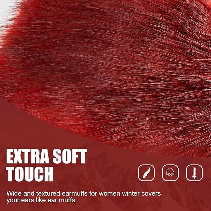 Faux Fur Headband for Women Elastic Fuzzy Thick Earmuffs Winter Headwrap Ear Muffs Furry Ear Warmers Cold Weather (Red)