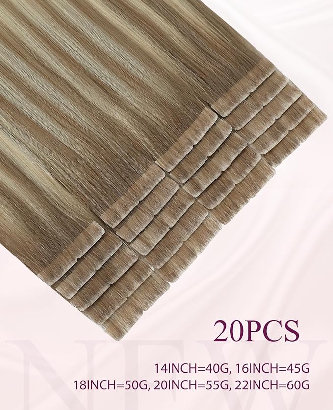 Pinkpearl Invisible Tape in Hair Extensions Human Hair, 20pcs 16inch 45g #8T60 Balayage Ash Brown to Platinum Blonde Injection Tape in Extensions Real Remy Seamless Human Hair Injected