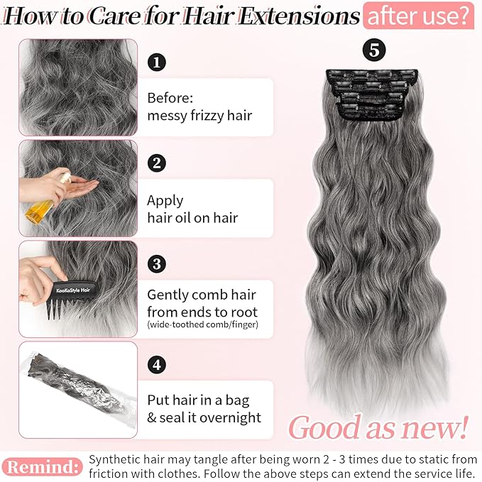 KooKaStyle Clip in Synthetic Hair Extensions Long Wavy 4PCS Thick Hairpieces Grey Sliver Mixed Fiber Double Weft Natural Hair Extensions 24 Inch for Women