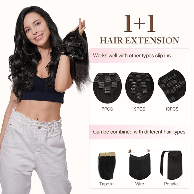GOO GOO Clip in Hair Extensions Real Human Hair, Remy Human Hair Extensions Clip ins for Women, Natural Human Hair, 18inch 70g 4Pcs, 1B Natural black