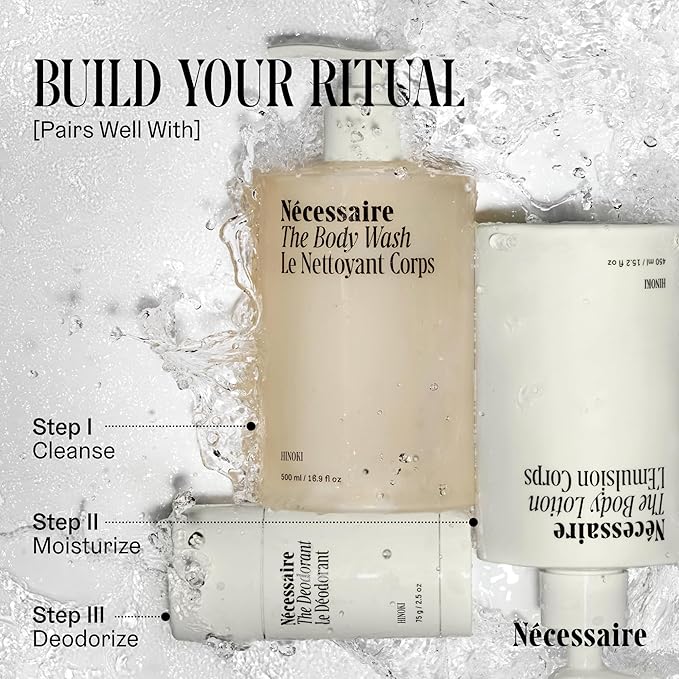 Nécessaire The Body Wash Hinoki - Natural Body Wash for Women & Men, Softening Shower Gel with Gentle Exfoliating Acids AHA/BHA/PHA. Gel Cleanse, 8.4 fl oz.