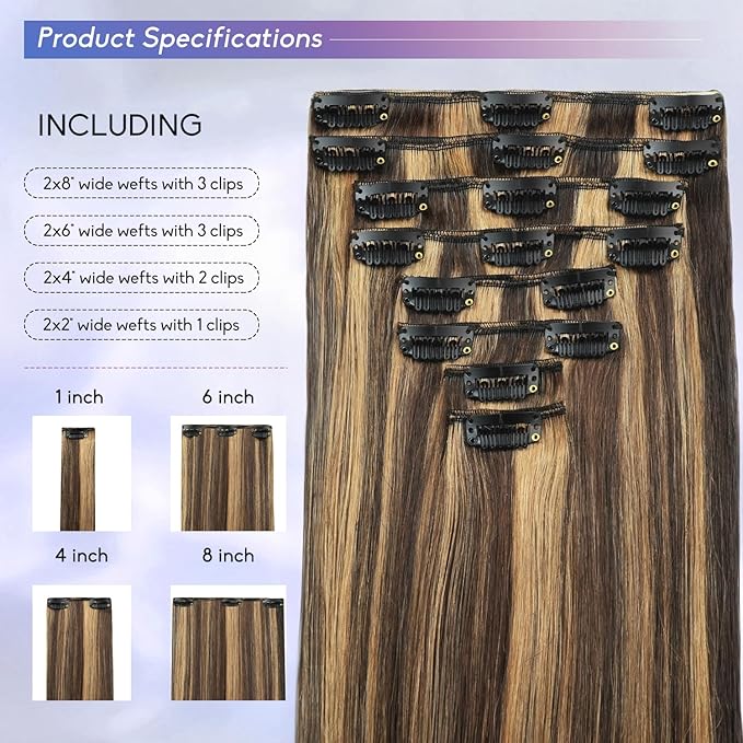 Clip in Hair Extensions Real Human Hair, 26 Inch 130g, 2/6 Dark Brown to Chestnut Brown, Invisible Seamless Remy Human Hair Clip in Extensions for Women 8pcs Per Set with Double Weft