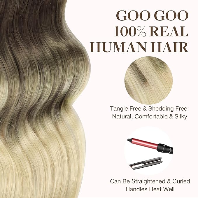 GOO GOO Tape in Hair Extensions Human Hair, 9/60 Balayage Ash Brown to Platinum Blonde, 18inch 50g 20pcs, Skin Weft Seamless Invisible, Silky Straight with Thick Ends, Remy Human Hair