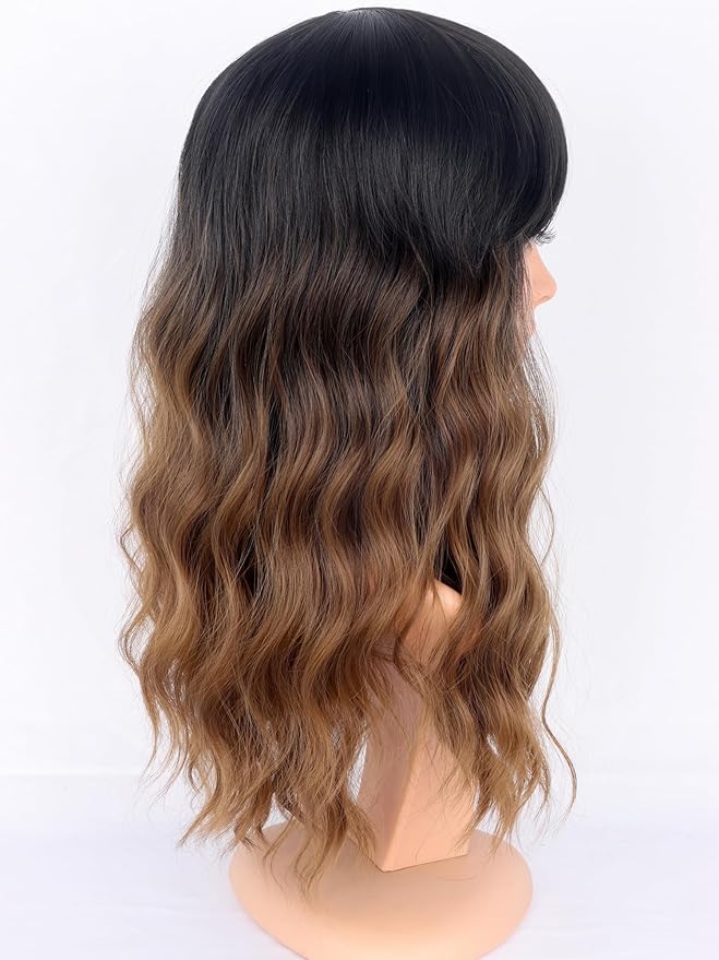 Ombre Brown Wavy Wigs with Bangs for Women - Medium Length Black To Brown Synthetic Wigs for Daily Party Use