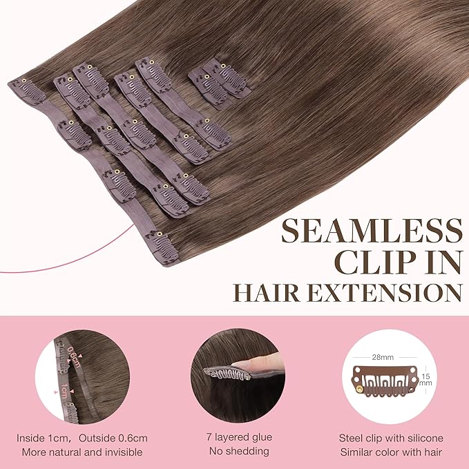 GOO GOO Clip in Hair Extensions Real Human Hair, Remy Human Hair Extensions Clip ins for Women, Natural Human Hair, 20inch 110g 7Pcs, 5 Light Ash Brown
