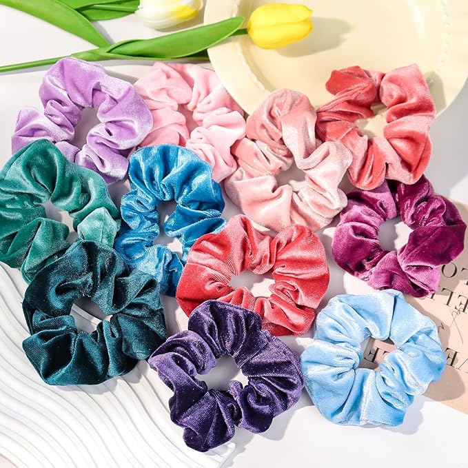 Velvet Scrunchies for Girls Women, 12 Pcs Rainbow Hair Scrunchie Elastic Thick Scrunchy Hair Ties, Cute Soft Ponytail Hair Accessories