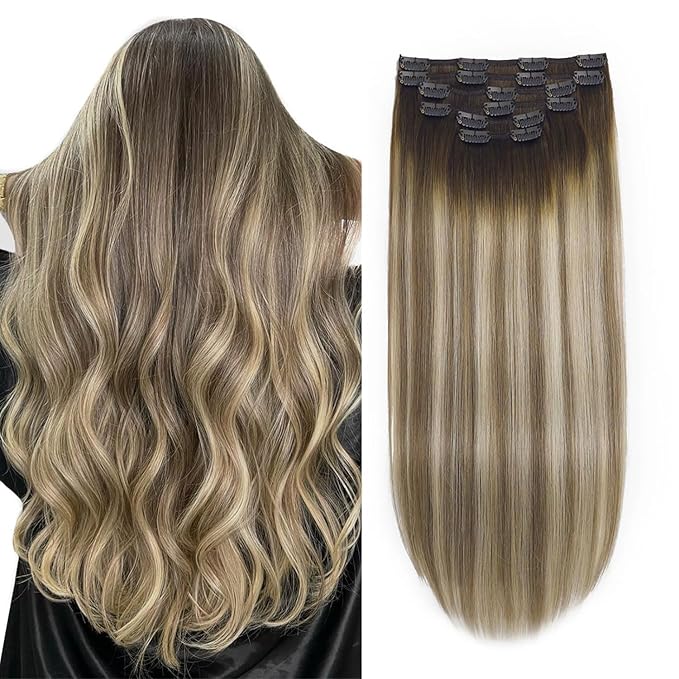 XDhair Balayage Human Hair Clip in Extensions 100g 6pcs 14 Inch Light Brown Mix Blonde Hair Extension Real Human Hair Clip ins Invisible Hair Extension(14”, 3/8/22)