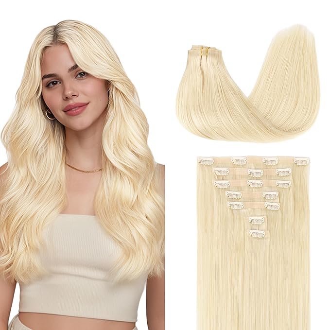 GOO GOO Clip in Hair Extensions Real Human Hair, Remy Human Hair Extensions Clip ins for Women, Natural Human Hair, 18inch 110g 7Pcs, 613R Bleach Blonde