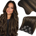 Moresoo Clip on Hair Extensions Human Hair Ombre Dark Brown Mixed with Chestnut Brown Balayage Clip in Human Hair Extensions Double Weft 7pcs 150g 24Inch