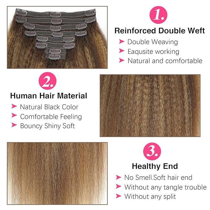 Kinky Straight Clip in Hair Extensions Real Human Highlight Clip ins For Women Unprocessed Clip on Hair Extensions(20inch,#4/27/4)