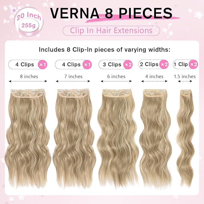 Clip in Hair Extensions for Women, 8PCS 20 Inch Wavy Ash Blonde Mixed Light Blonde Hair Extensions Clip Ins Mix Blonde, Synthetic Long Hairpieces for Women
