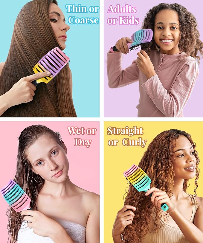 KTKUDY Detangling Brush Getting Knots Out without Pain - Boar Bristles HairBrush Make Hair Shiny & Healthier Vented Detangler Brush for Women Men Kids Wet and Dry Hair (Rainbow & Yellow-Purple)