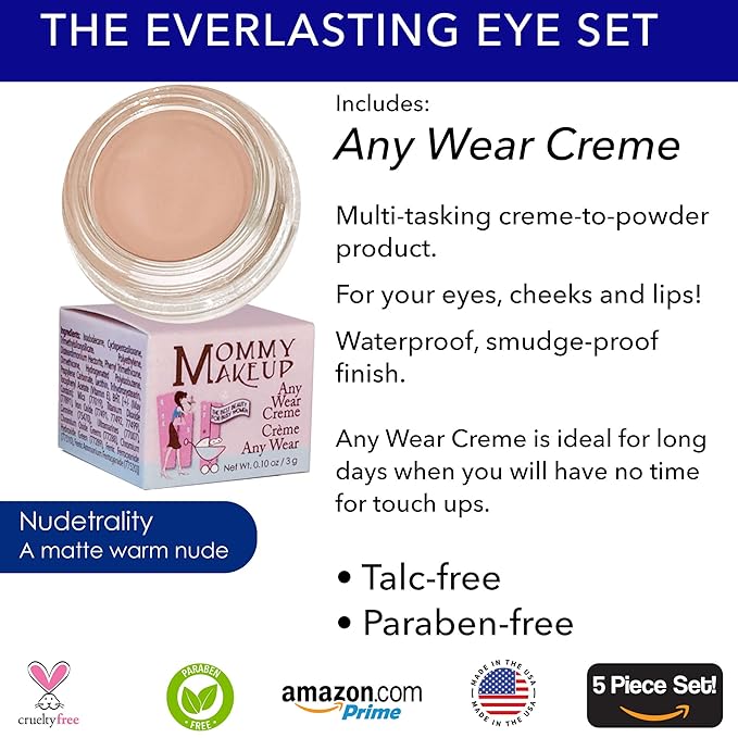 The Everlasting Eye 5 Piece Waterproof Makeup Set. Gel Eyeliner, Creme Eyeshadow, 2 brushes and Mesh Bag. Paraben-free, Talc-free, Cruelty-free. Nudetrality/Chocolate Kiss 2402