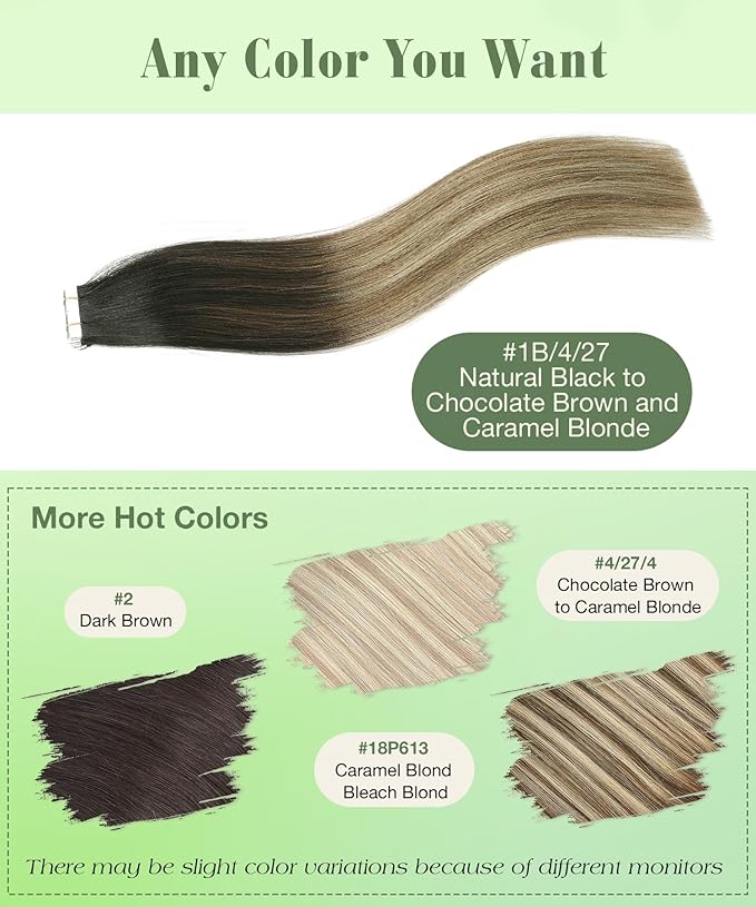 SURNEL Tape in Hair Extensions Human Hair 18inch Natural Black to Chocolate Brown and Caramel Blonde Tape in Hair Extensions 20pcs 50g(#1B/4/27-18)