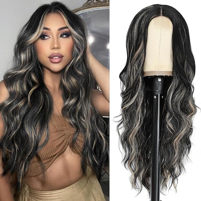 NAYOO Long Black Mixed Blonde Wavy Wig for Women 26 Inch Middle Part Curly Wavy Wig Natural Looking Synthetic Heat Resistant Fiber for Daily Party (Black Mixed Blonde)