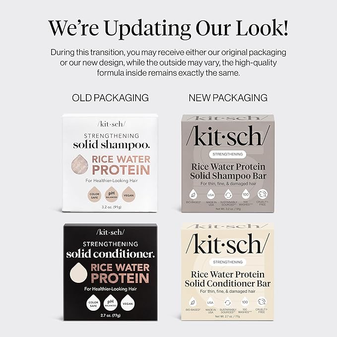 Kitsch Rice Water Protein Solid Shampoo and Conditioner Set for Hair Growth – Strengthening Hair Care Duo w/Rice Protein & Vitamins for Damage Repair – Paraben, Sulfate & Silicone Free, Made in USA