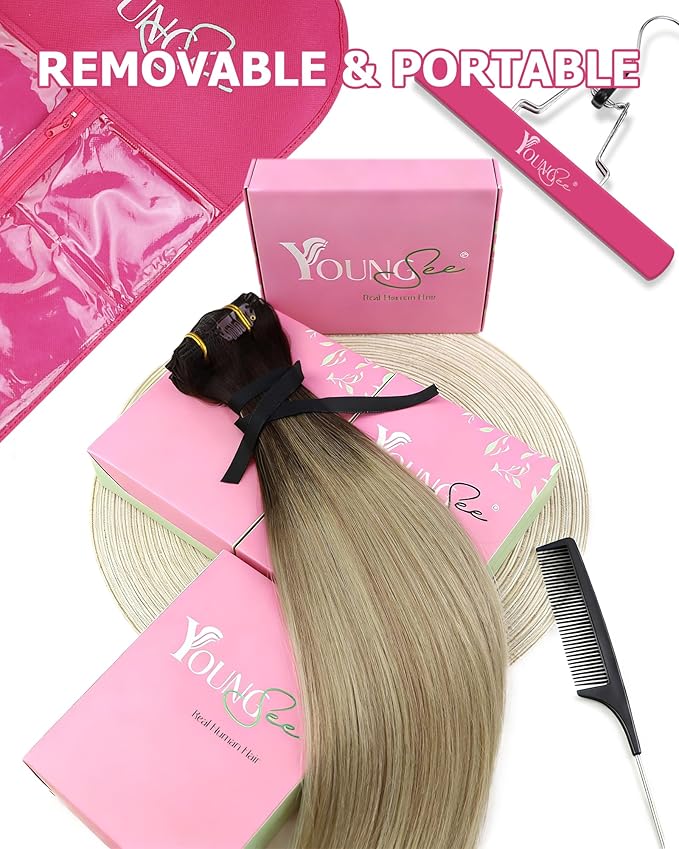 YoungSee 135G Clip in Human Hair Extension Ombre Real Hair Extension Clip in Human Hair Medium Brown Ombre Golden Blonde Mix Platinum Blonde Balayage Real Human Hair Extensions Clip ins 18Inch 7Pcs