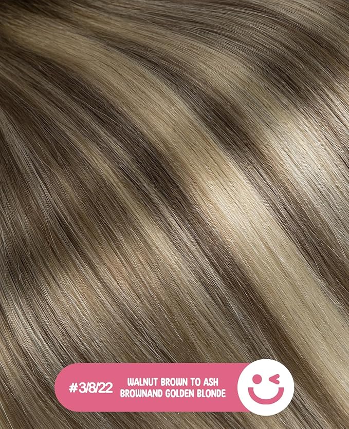 Youngsmile Injection Tape in Hair Extensions Human Hair 20pcs 50g Balayage #3/8/22 Walnut Brown to Ash Brown and Golden Blonde 22 Inch Injected Hair Extensions Straight Remy Human Hair (#3/8/22,22'')