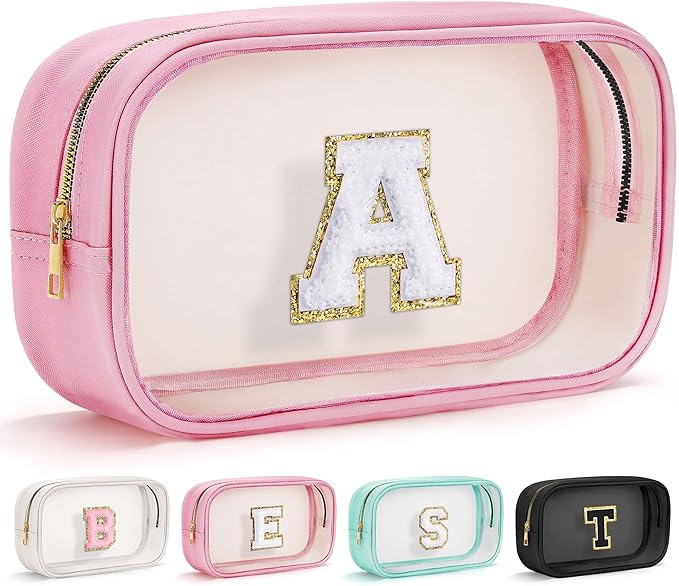 YOOLIFE Christmas Gifts For Teenage Girls Stocking Stuffers For Teen Girls Teacher Gifts Initial Clear Makeup Bag Birthday Gift Travel Toiletry Cosmetic Bags Birthday Gift Travel Essentials Pink A