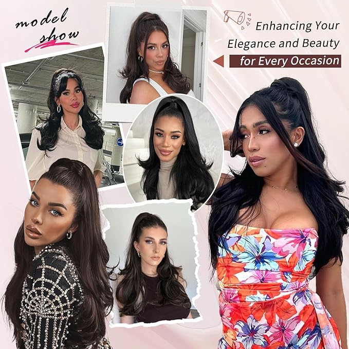 Ponytail Extension, Drawstring Ponytail Extension for Women 26 Inch Long Dark Brown Wavy Layered Pony Tails Hair Extensions Synthetic Clip in Ponytail Hairpiece for Women