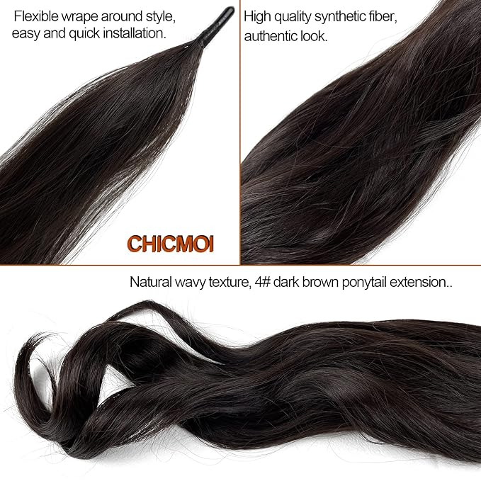Chicmoi Dark Brown Ponytail Extainson 32 Inch Flexible Wrap Around Ponytail Hair Extension Color 4 Long Wavy Pony Tails hair Extension 4# Synthetic Hairpieces For Women and Girls