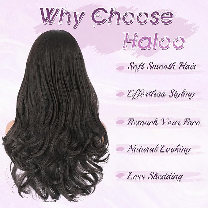 Haloo Brown Wigs with Bangs Long Wavy Layered Haircut Natural Looking Fluffy Synthetic Heat Resistant Hair Wig for Women Daily Party, 24 Inch Dark Brown