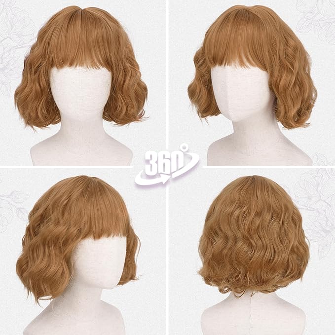 BARSDAR Natural Red Short Wavy Wig with Bangs - Short Wavy Ginger Auburn Wig for Women - Curly Wavy Textured French Bob Wigs with Bangs Soft Synthetic Natural Looking Face-Framing Daily