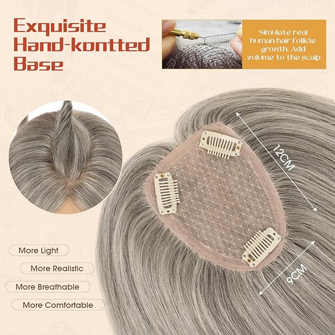 Rich Choices Human Hair Toppers for Women-100% Real Remy Hair Topper No Bang-Upgraded 150% Density 9 * 12CM Lace Base-Clip in Hairs Topper for Thinning Hairs-10Inch #G3 Salt and Pepper Grey