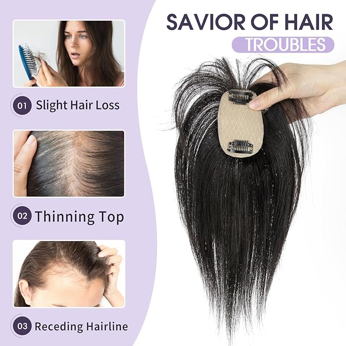 10 Inch Real Human Hair Topper with Bangs for Women Covers Thinning Crown, Clip-In Hair Topper for Thinning Hair (Natural Black)