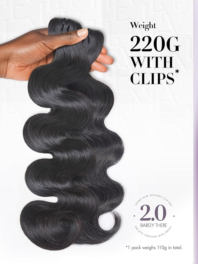 LUVME Invisible Clip in Hair Extensions,Body Wave 20 Inch 2 Pack 220g 12pcs Human Hair Invisible Clip ins Hair Extensions Natural Black Hair for Women