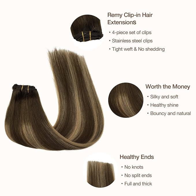 GOO GOO Clip in Hair Extensions Real Human Hair, Remy Human Hair Extensions Clip ins for Women, Natural Human Hair, 18inch 70g 4Pcs, 4/27/4 Balayage Chocolate Brown to Caramel Blonde