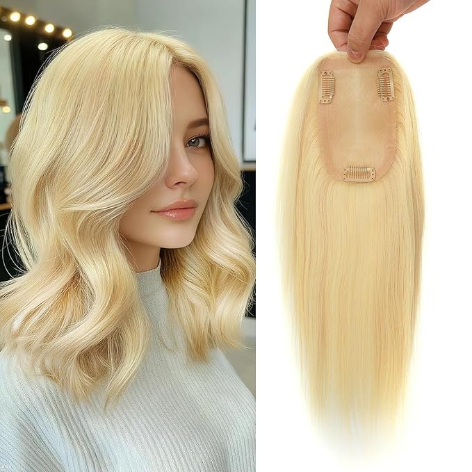 14 Inch Length Hair Toppers for Women with Thinning Hair, 3x5 Inch Injected Silk Base 130% Density Hairpieces #613 Bleach Blonde