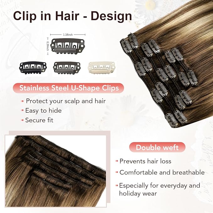 XDhair Human Hair Clip in Extensions 120g 20 Inch Chocolate Brown to Caramel with Chocolate Brown Roots Clip in Hair Extensions Real Human Hair Silky Straight 6pcs #4/27/4