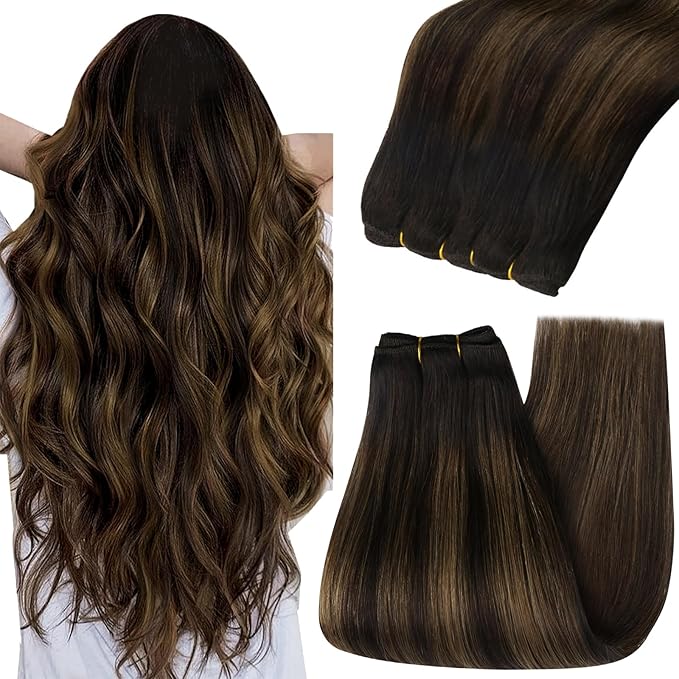YoungSee Human Hair Sew in Extensions Brown Balayage Real Human Hair Weft Extensions Darkest with Medium Brown Balayage Sew in Hair Extensions Long Straight Hair 100G 22Inch