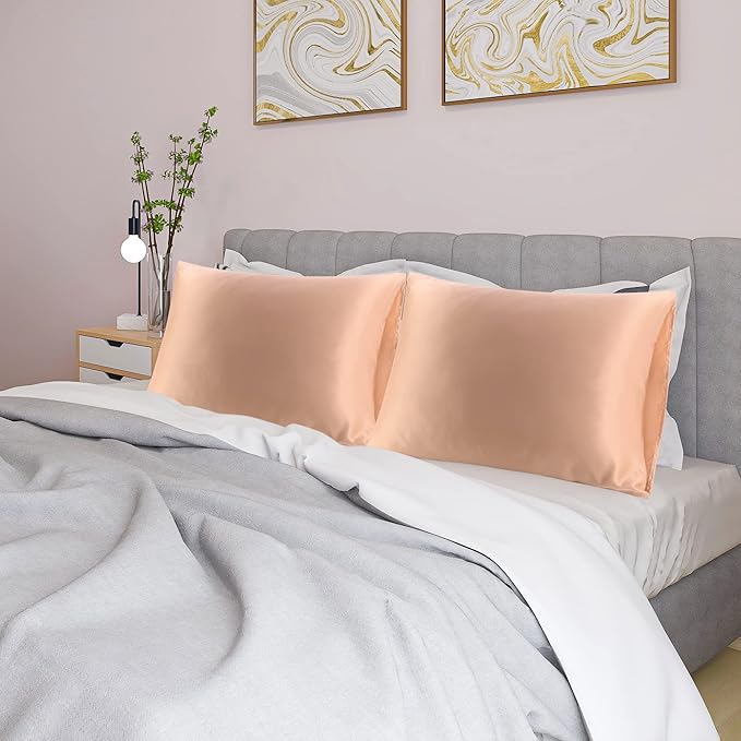 uxcell 2 Pack Silk Satin Pillowcase for Hair and Skin, Cool, Silky, Soft Breathable Pillow Cases Standard Size 20x26 Inch Sateen Pillowcase Champagne with Envelope Closure