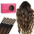 WENNALIFE Tape in Hair Extensions Human Hair, 20pcs 50g 14 inch Natural Black Mixed Chestnut Brown Remy Hair Extensions Straight Human Hair Tape in Extensions Skin Weft Tape Extensions Human Hair