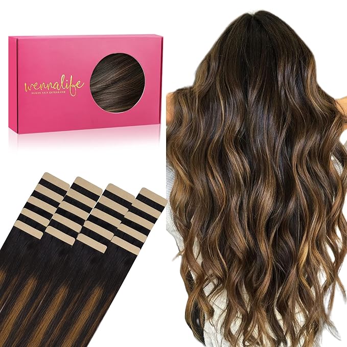 WENNALIFE Tape in Hair Extensions Human Hair, 20pcs 50g 14 inch Natural Black Mixed Chestnut Brown Remy Hair Extensions Straight Human Hair Tape in Extensions Skin Weft Tape Extensions Human Hair