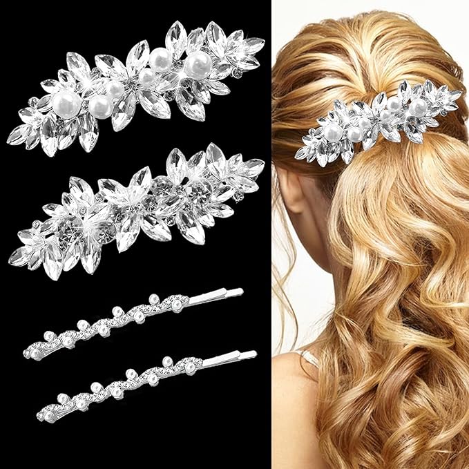 4 Pieces Rhinestone Bridal Hair Clip,Crystal Hair Clips, Rhinestone Jewelry Barrette Vintage Hair Accessories Pearl Hair Clips Hair Accessories for Women Wedding Golden Leaves Golden/Silver Pearls