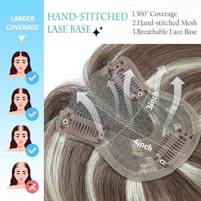 SARO-UP Hair Toppers for Women Real Human Hair Toppers for Women with Thinning Hair pieces with No Bangs 3 * 4Inch Hand-Tied Invisible Upgrade Swiss Base 10Inch Topper (4T6/613#)