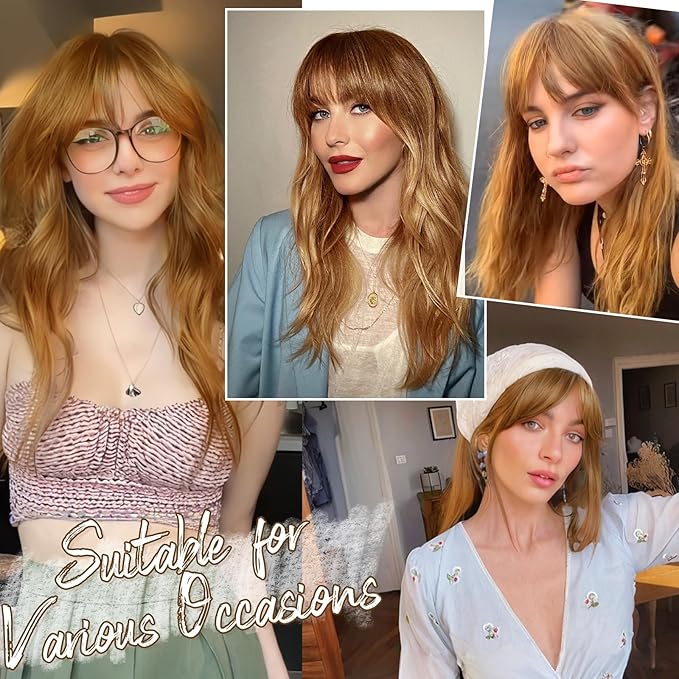 BARSDAR Real Human Hair Clip in Bangs - Human Hair Clip in Bangs for Women - Ginger Blonde Thick Bangs Extensions Fringe with Temples Dyeable Real Hair Bangs Hairpieces - Golden Ginger Blonde